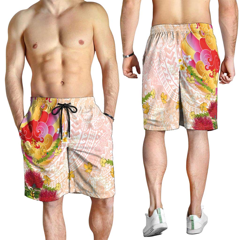 Japanese and Hawaiian Culture Fusion Shorts for Men Irezumi with Turtles and Lei Kakau Pattern Sunset Vibe