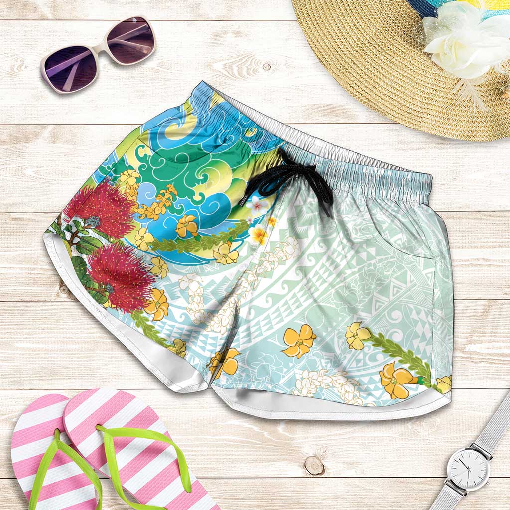 Japanese and Hawaiian Culture Fusion Shorts for Women Irezumi with Turtles and Lei Kakau Pattern Fresh Vibe LT03 Multicolor - Polynesian Pride