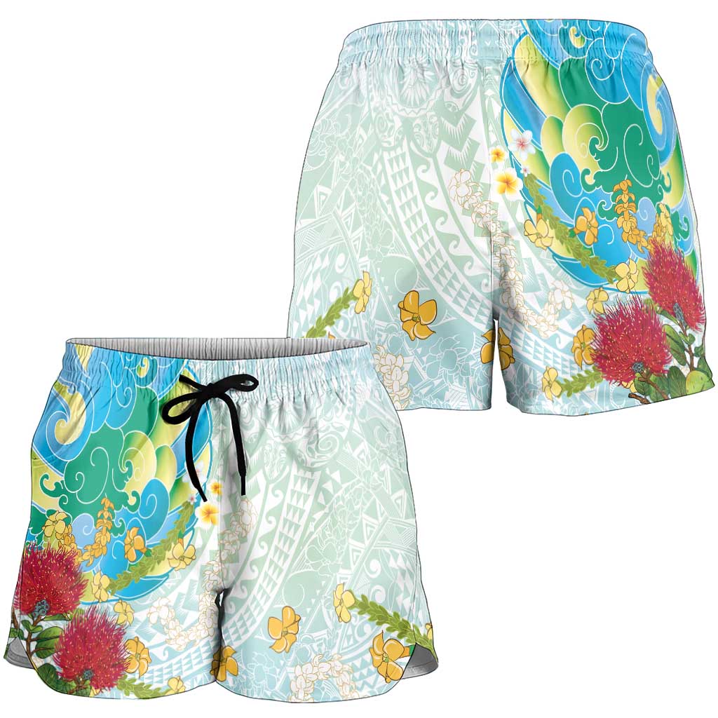Japanese and Hawaiian Culture Fusion Shorts for Women Irezumi with Turtles and Lei Kakau Pattern Fresh Vibe