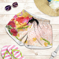 Japanese and Hawaiian Culture Fusion Shorts for Women Irezumi with Turtles and Lei Kakau Pattern Sunset Vibe