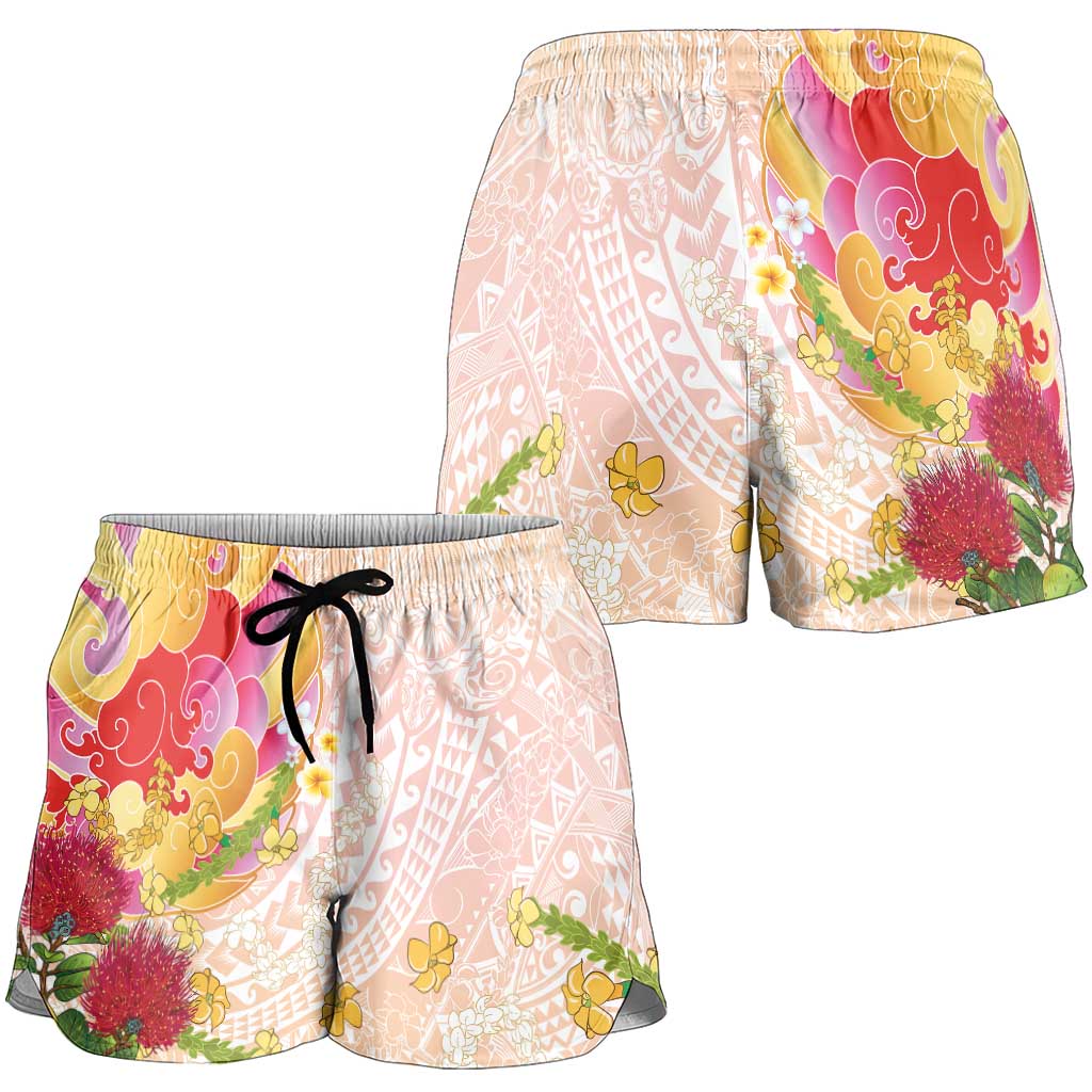 Japanese and Hawaiian Culture Fusion Shorts for Women Irezumi with Turtles and Lei Kakau Pattern Sunset Vibe