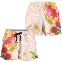 Japanese and Hawaiian Culture Fusion Shorts for Women Irezumi with Turtles and Lei Kakau Pattern Sunset Vibe