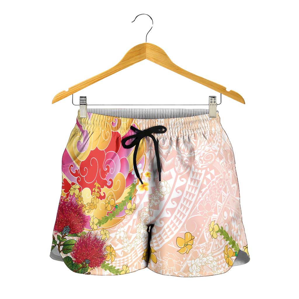 Japanese and Hawaiian Culture Fusion Shorts for Women Irezumi with Turtles and Lei Kakau Pattern Sunset Vibe