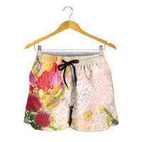 Japanese and Hawaiian Culture Fusion Shorts for Women Irezumi with Turtles and Lei Kakau Pattern Sunset Vibe
