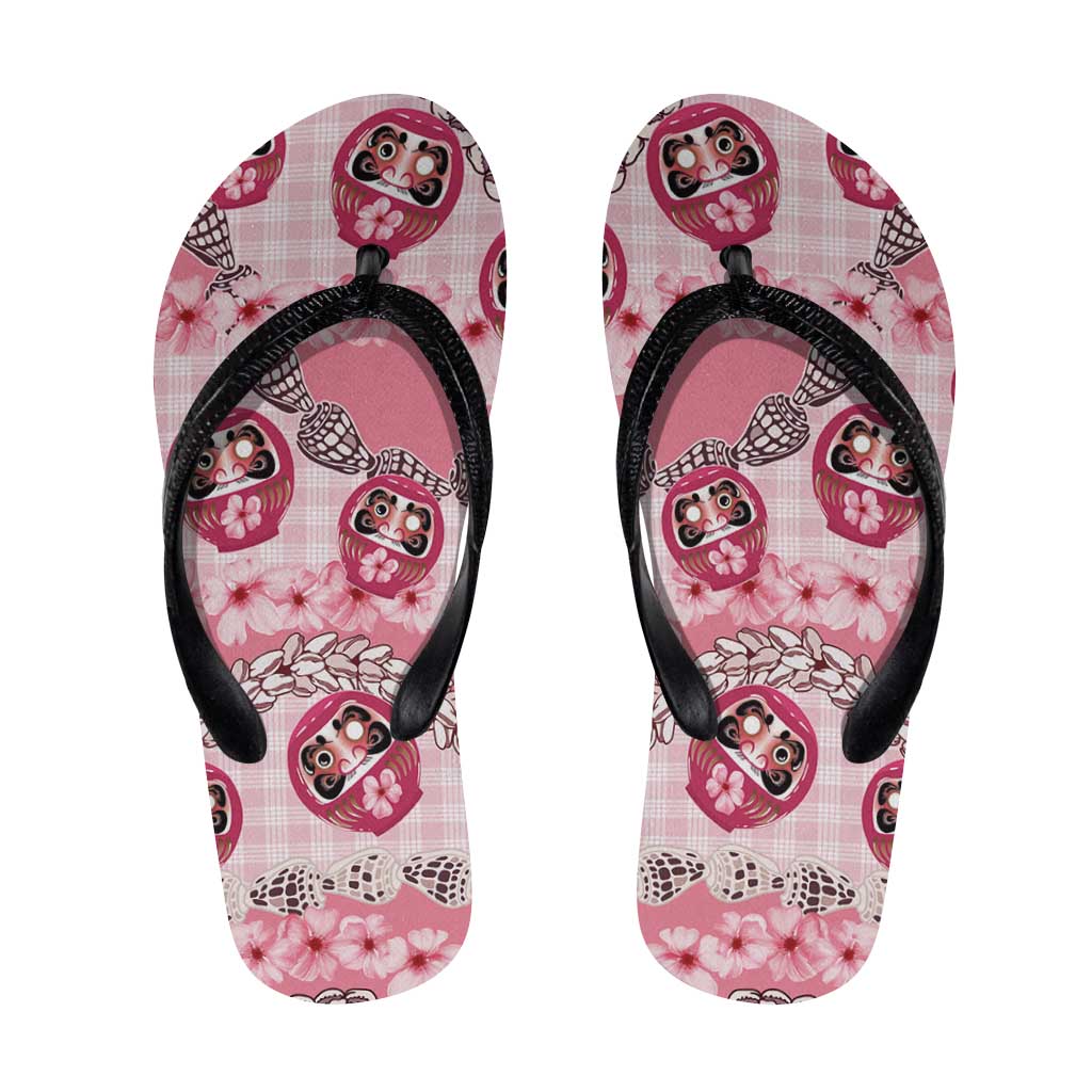 Japanese Daruma Doll Palaka Flip Flops Cherry Blossoms With Shell Lei