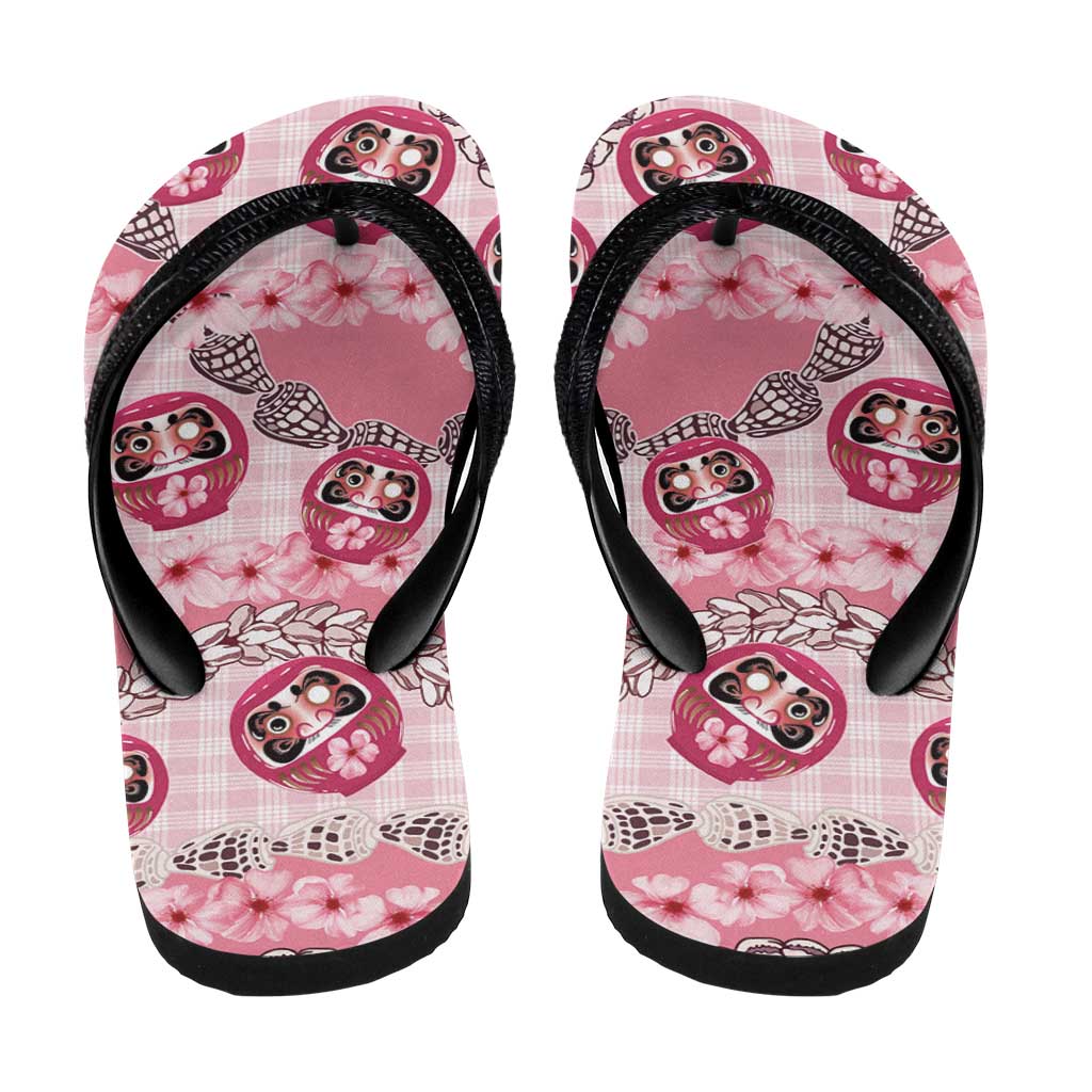 Japanese Daruma Doll Palaka Flip Flops Cherry Blossoms With Shell Lei