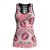 Japanese Daruma Doll Palaka Hollow Tank Top Cherry Blossoms With Shell Lei