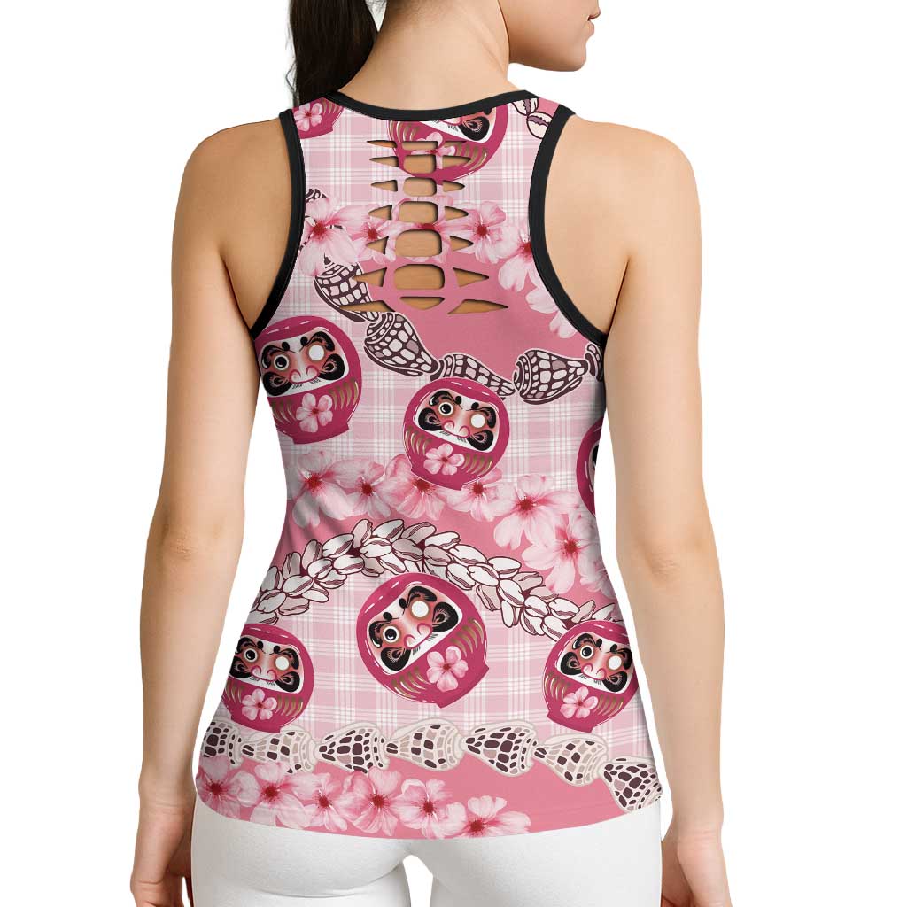 Japanese Daruma Doll Palaka Hollow Tank Top Cherry Blossoms With Shell Lei