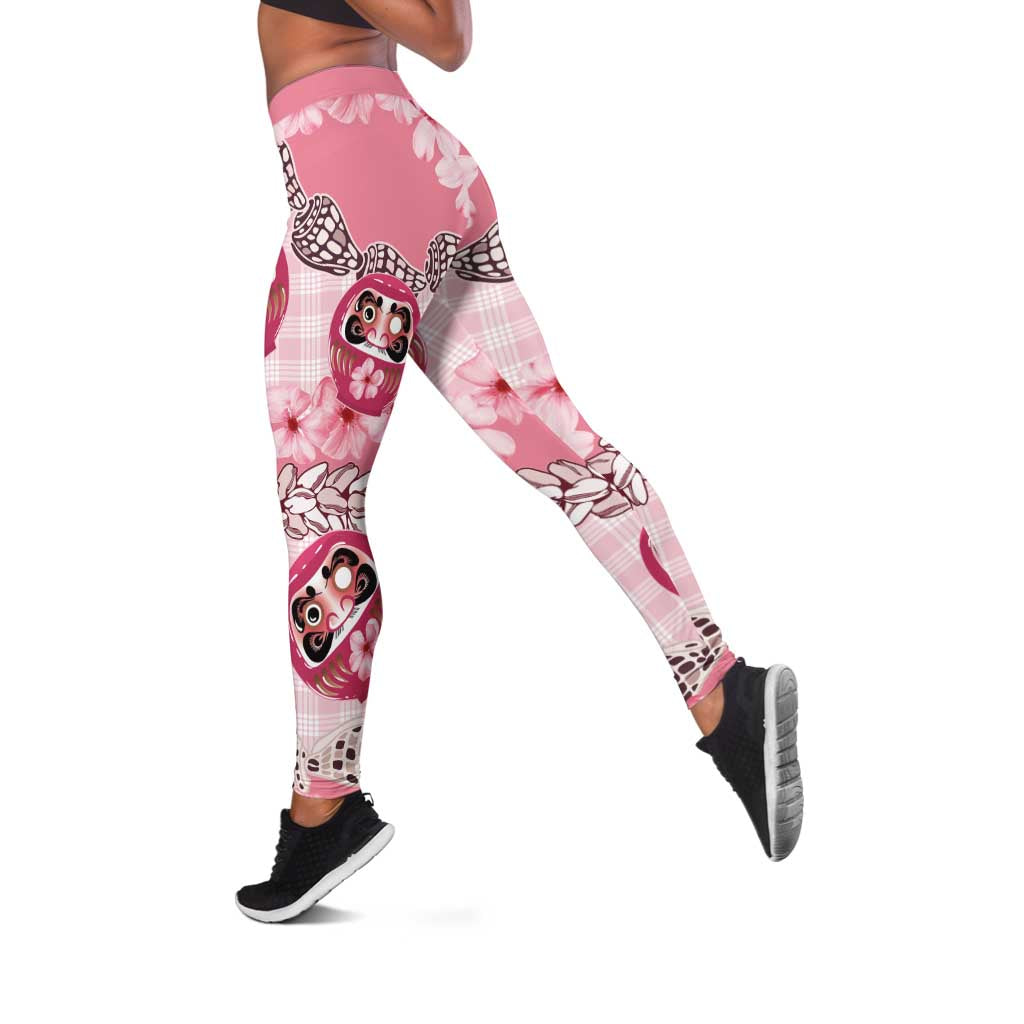 Japanese Daruma Doll Palaka Leggings Cherry Blossoms With Shell Lei