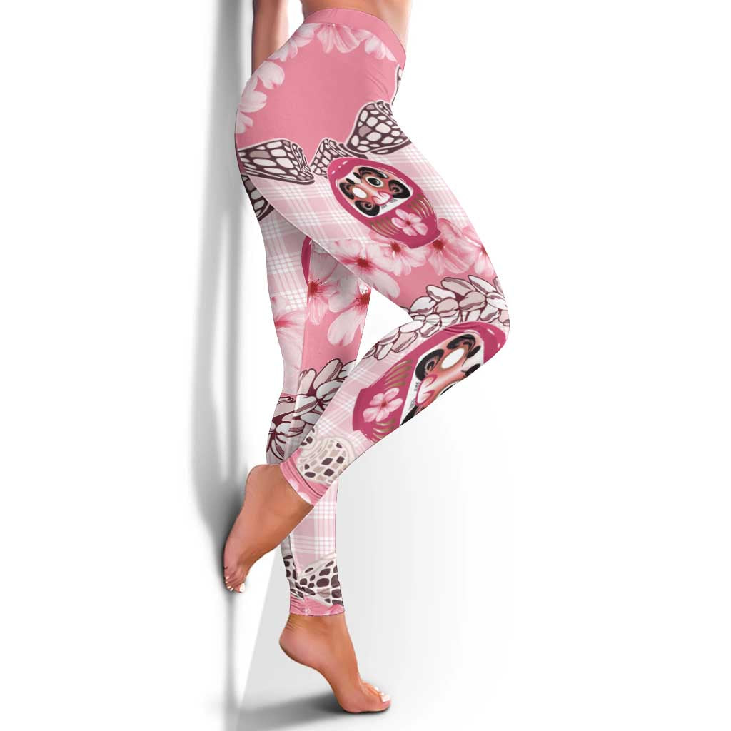 Japanese Daruma Doll Palaka Leggings Cherry Blossoms With Shell Lei