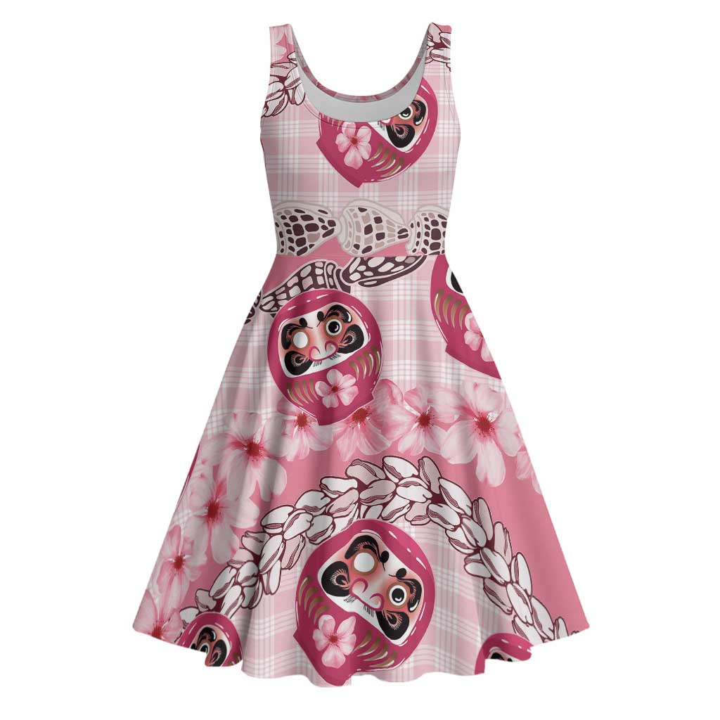 Japanese Daruma Doll Palaka Midi Dress Cherry Blossoms With Shell Lei
