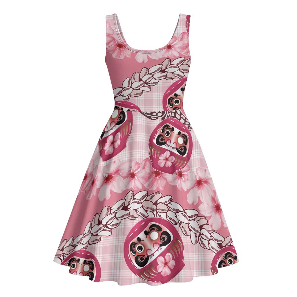 Japanese Daruma Doll Palaka Midi Dress Cherry Blossoms With Shell Lei