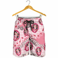 Japanese Daruma Doll Palaka Shorts for Men Cherry Blossoms With Shell Lei