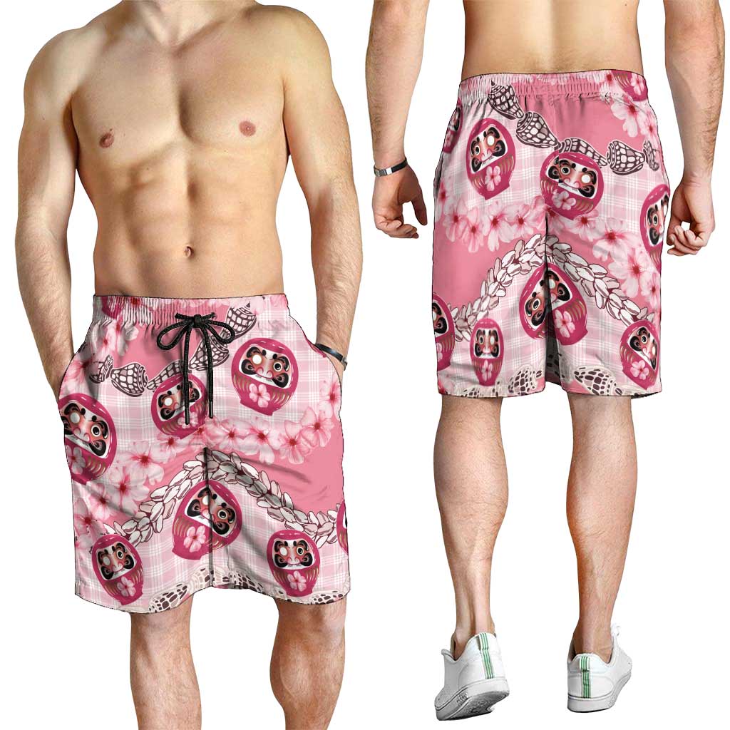 Japanese Daruma Doll Palaka Shorts for Men Cherry Blossoms With Shell Lei