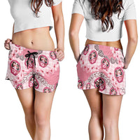 Japanese Daruma Doll Palaka Shorts for Women Cherry Blossoms With Shell Lei