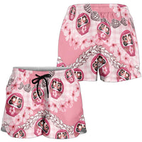 Japanese Daruma Doll Palaka Shorts for Women Cherry Blossoms With Shell Lei