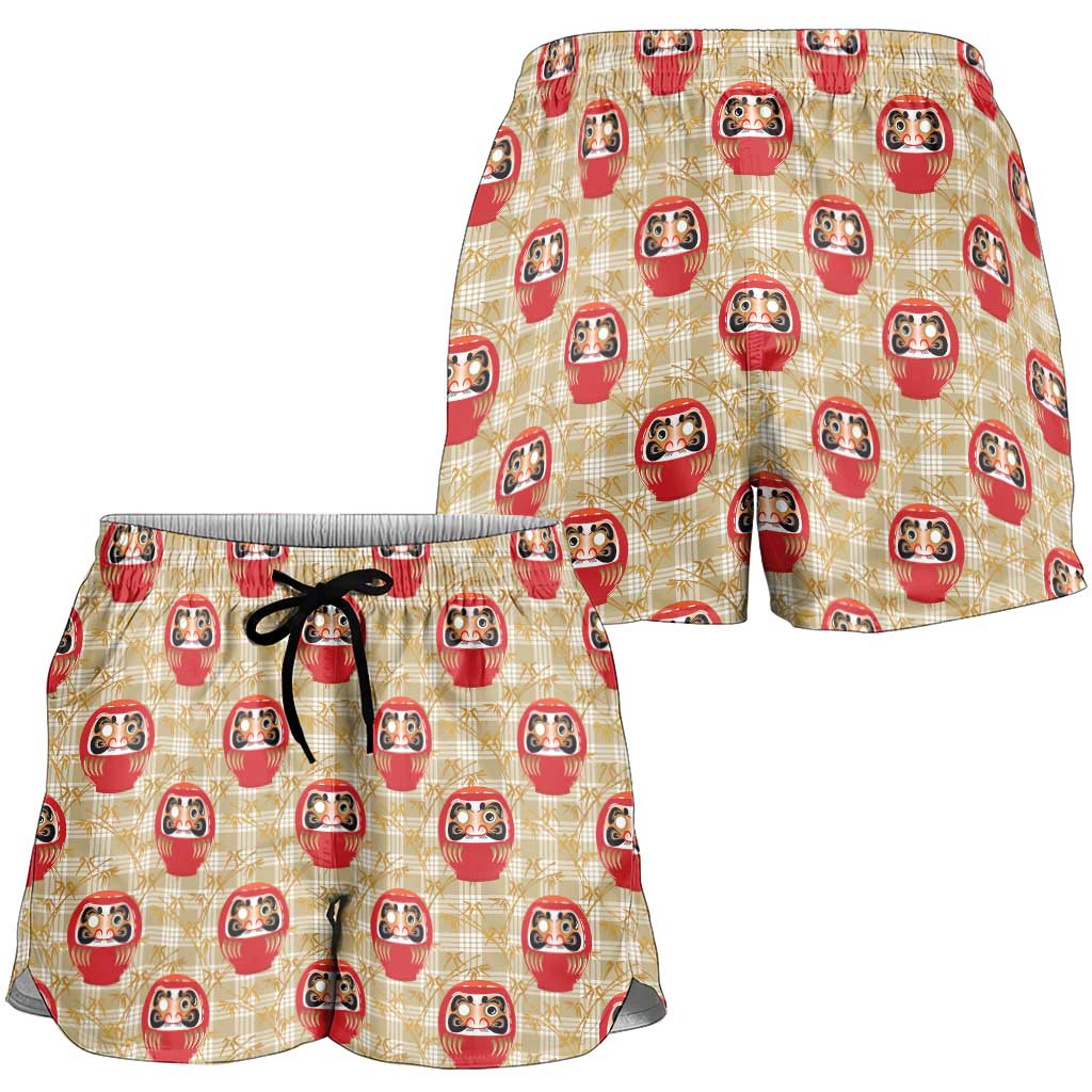 Japanese Daruma Doll Shorts for Women Palaka With Seamless Bamboo Pattern