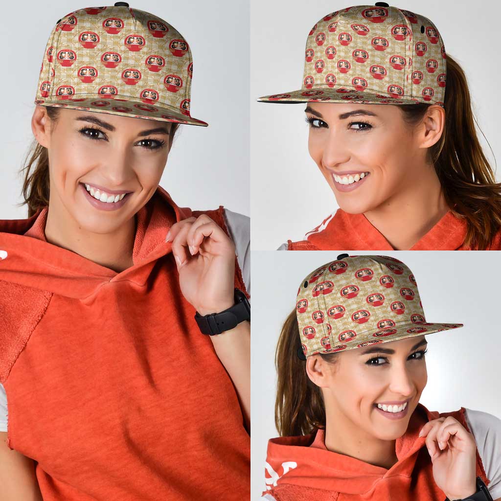 Japanese Daruma Doll Snapback Cap Palaka With Seamless Bamboo Pattern
