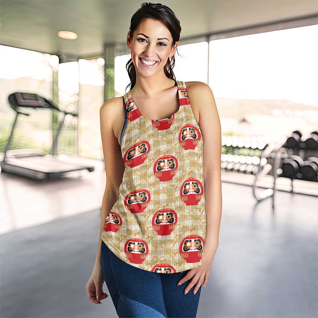Japanese Daruma Doll Women Racerback Tank Palaka With Seamless Bamboo Pattern