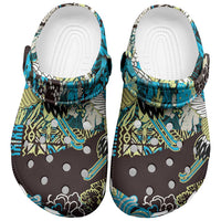 Japanese Hawaiian Crane Clogs Shoes Blue Tapa Patchwork Pattern