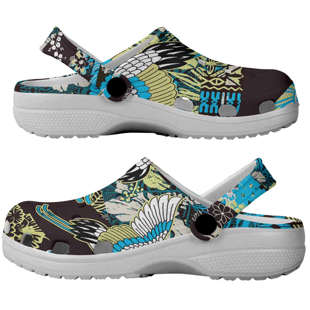 Japanese Hawaiian Crane Clogs Shoes Blue Tapa Patchwork Pattern
