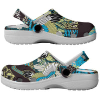 Japanese Hawaiian Crane Clogs Shoes Blue Tapa Patchwork Pattern