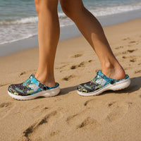 Japanese Hawaiian Crane Clogs Shoes Blue Tapa Patchwork Pattern