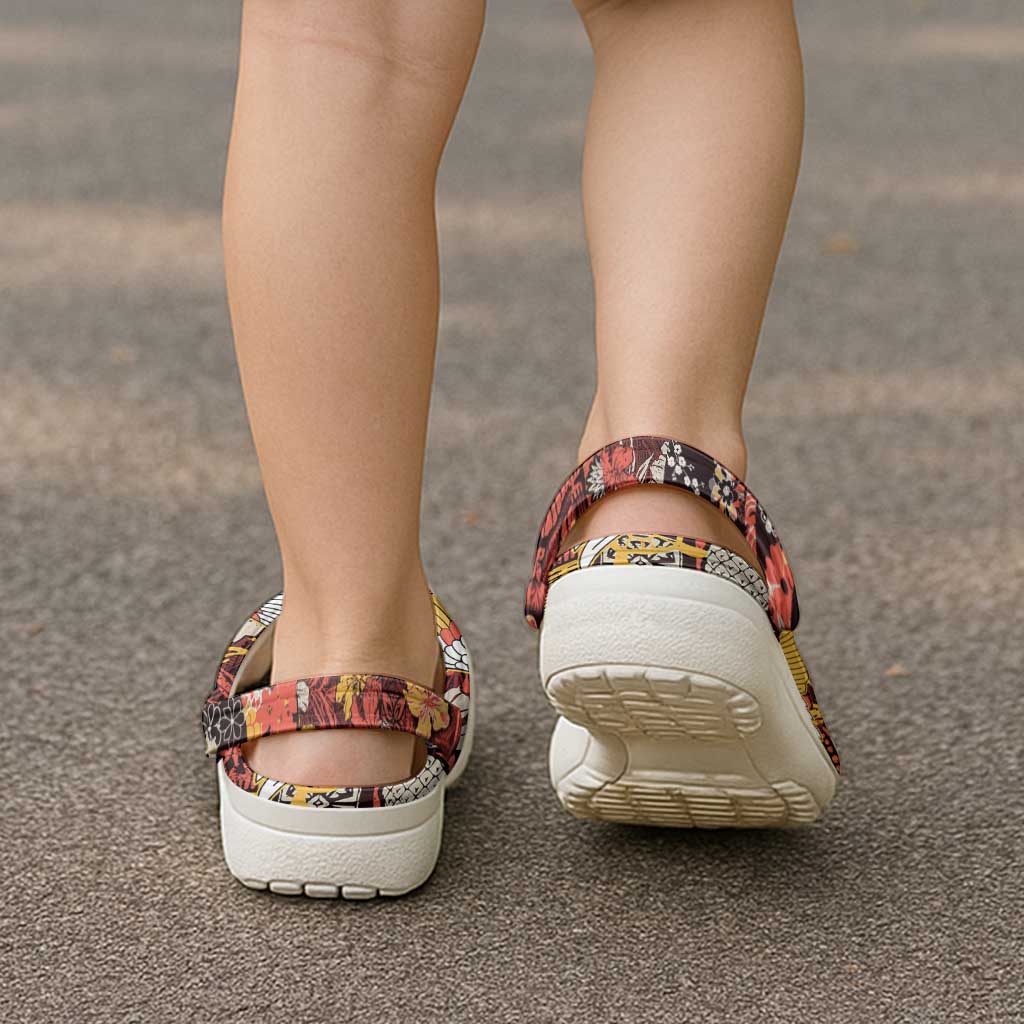 Japanese Hawaiian Crane Clogs Shoes Yellow Ochre Tapa Patchwork Pattern LT9 - Polynesian Pride