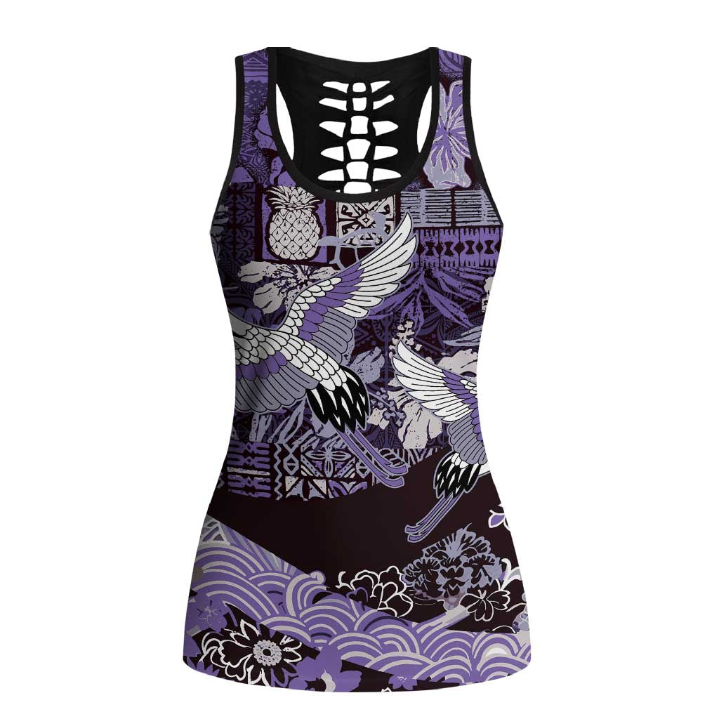 Japanese Hawaiian Crane Hollow Tank Top Purple Tapa Patchwork Pattern