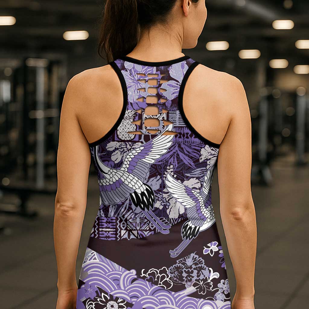 Japanese Hawaiian Crane Hollow Tank Top Purple Tapa Patchwork Pattern