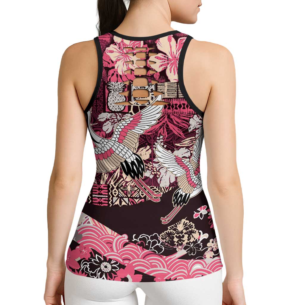 Japanese Hawaiian Crane Hollow Tank Top Soft Pink Tapa Patchwork Pattern LT9 - Polynesian Pride