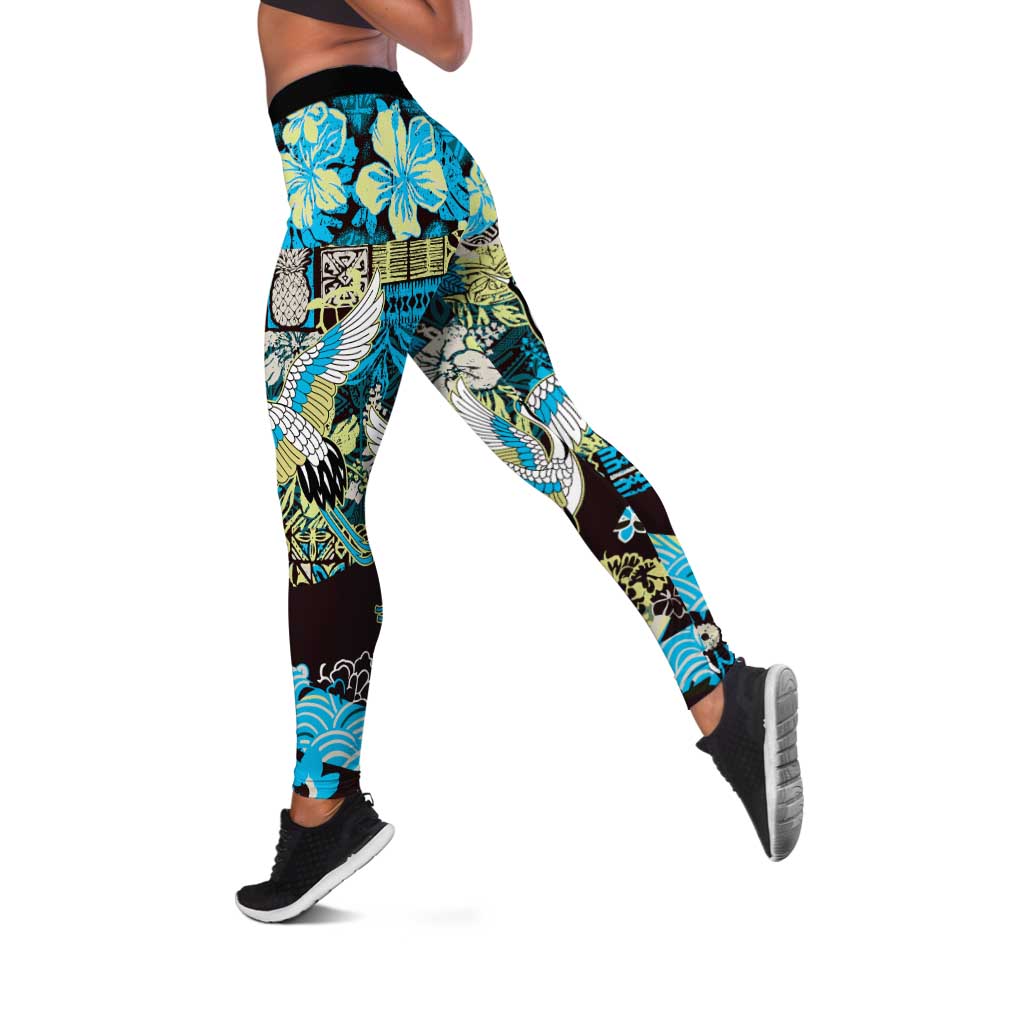Japanese Hawaiian Crane Leggings Blue Tapa Patchwork Pattern LT9 Blue - Polynesian Pride