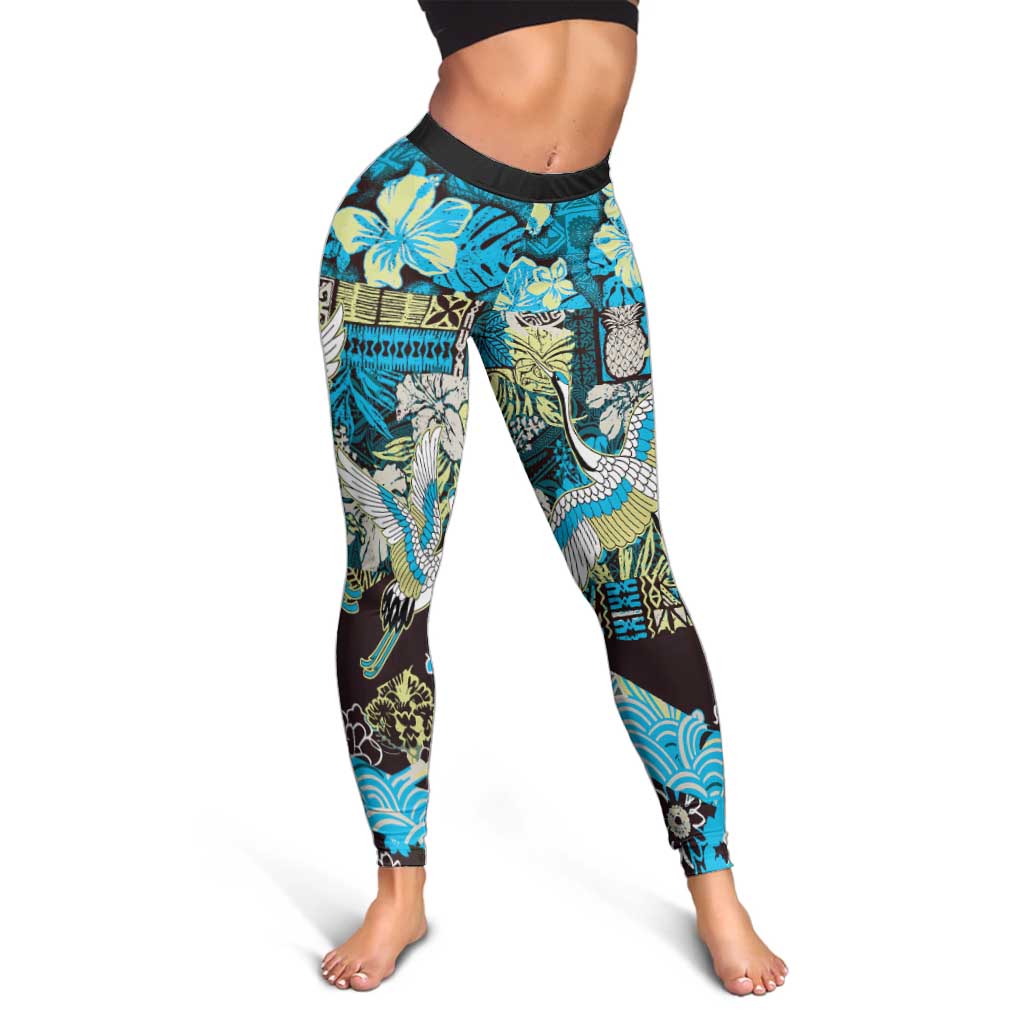Japanese Hawaiian Crane Leggings Blue Tapa Patchwork Pattern LT9 - Polynesian Pride