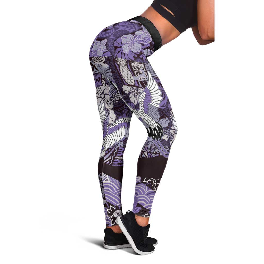 Japanese Hawaiian Crane Leggings Purple Tapa Patchwork Pattern LT9 - Polynesian Pride