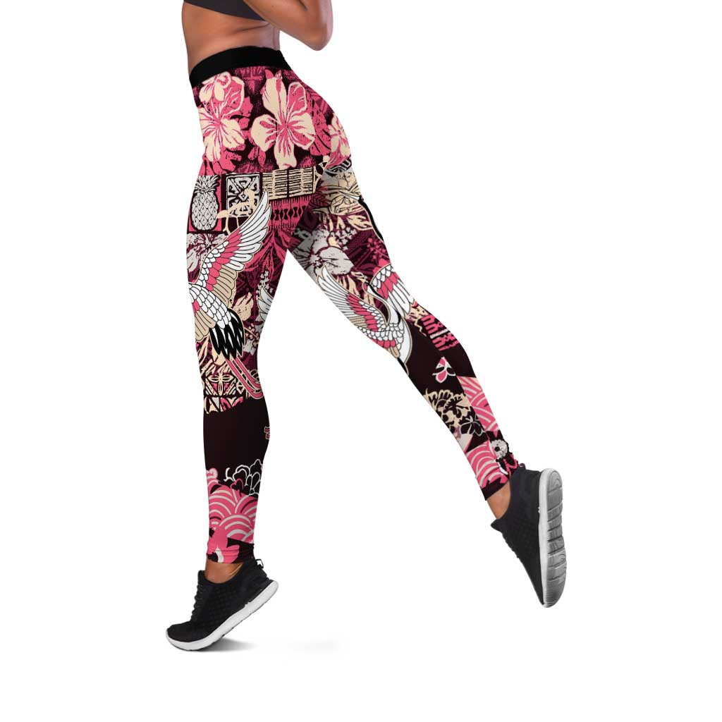 Japanese Hawaiian Crane Leggings Soft Pink Tapa Patchwork Pattern LT9 Pink - Polynesian Pride