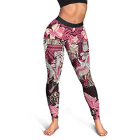 Japanese Hawaiian Crane Leggings Soft Pink Tapa Patchwork Pattern LT9 - Polynesian Pride