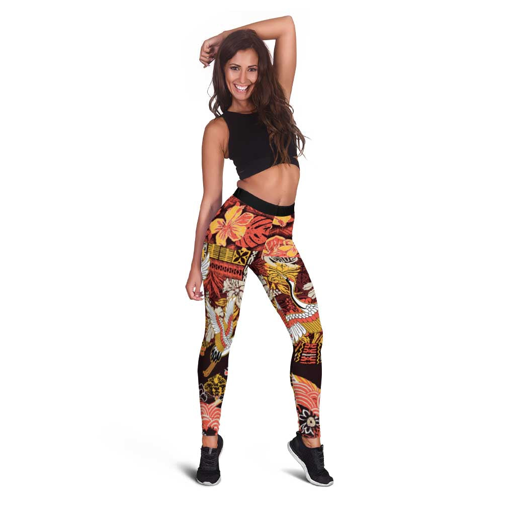 Japanese Hawaiian Crane Leggings Yellow Ochre Tapa Patchwork Pattern LT9 - Polynesian Pride