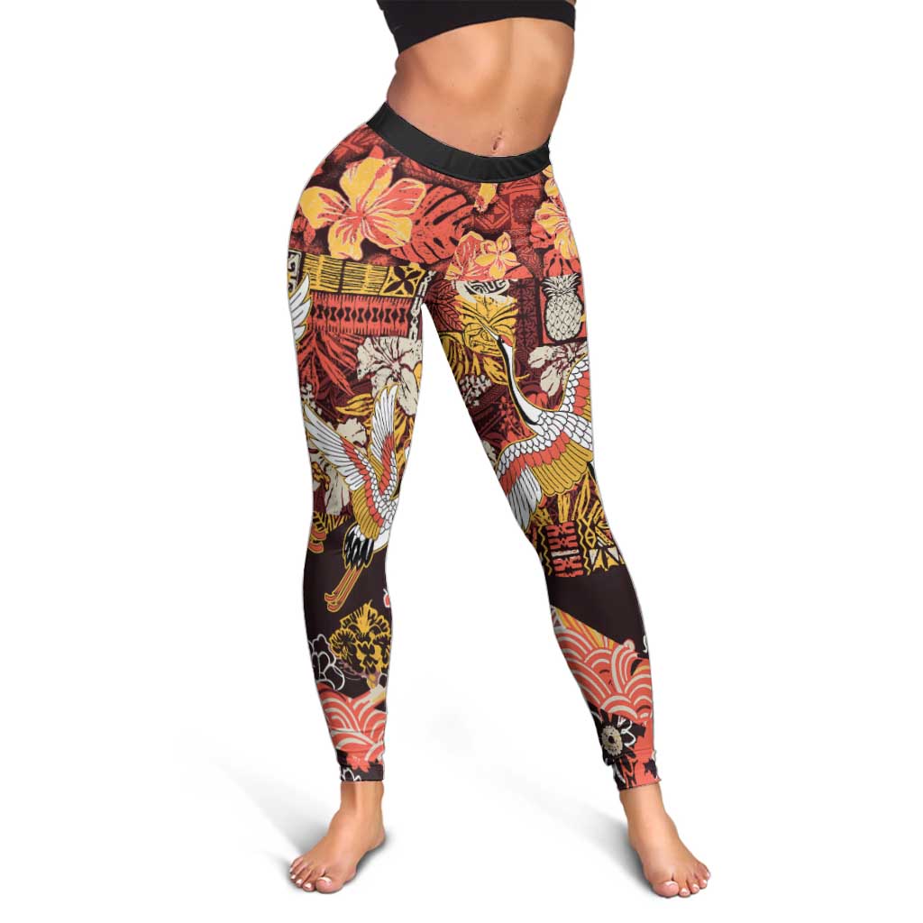 Japanese Hawaiian Crane Leggings Yellow Ochre Tapa Patchwork Pattern LT9 - Polynesian Pride