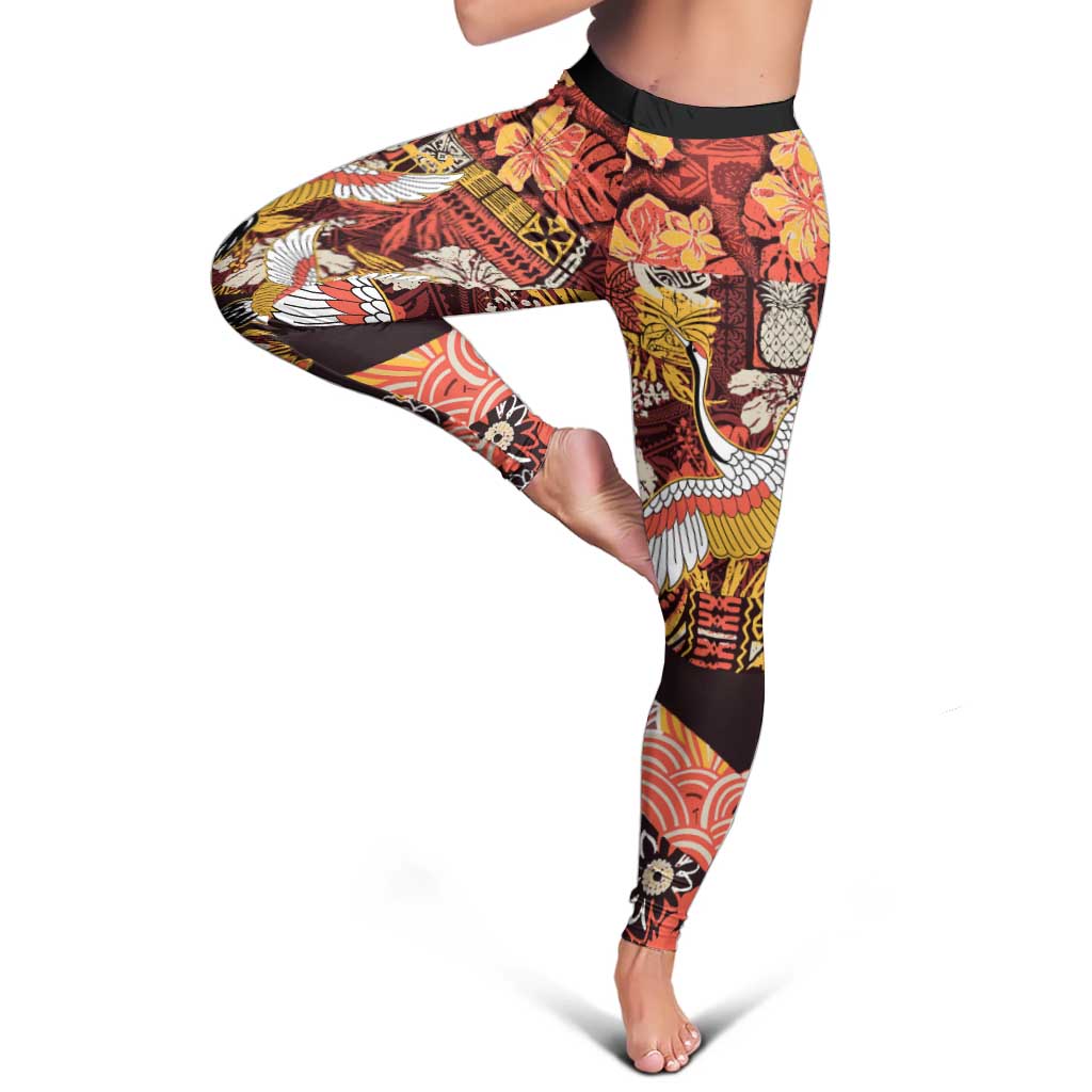 Japanese Hawaiian Crane Leggings Yellow Ochre Tapa Patchwork Pattern LT9 - Polynesian Pride