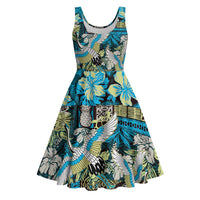 Japanese Hawaiian Crane Midi Dress Blue Tapa Patchwork Pattern