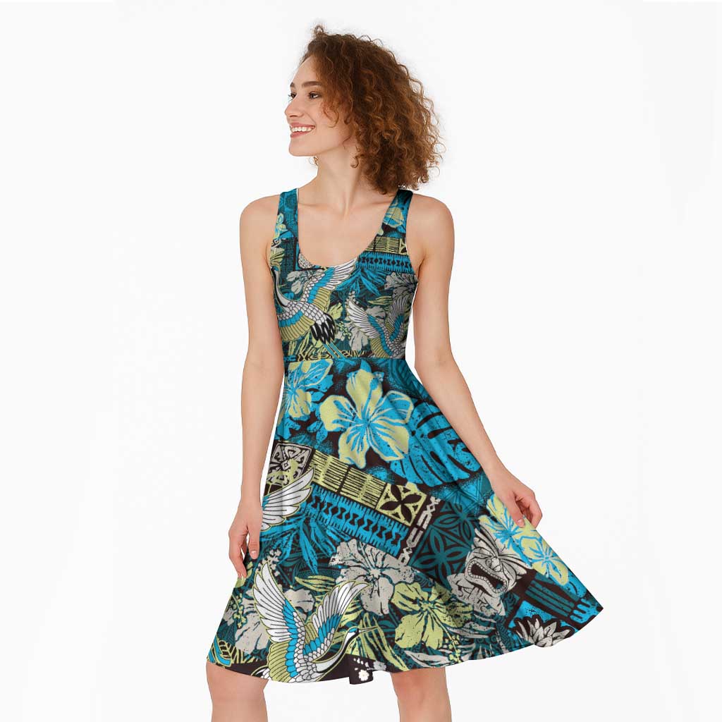 Japanese Hawaiian Crane Midi Dress Blue Tapa Patchwork Pattern