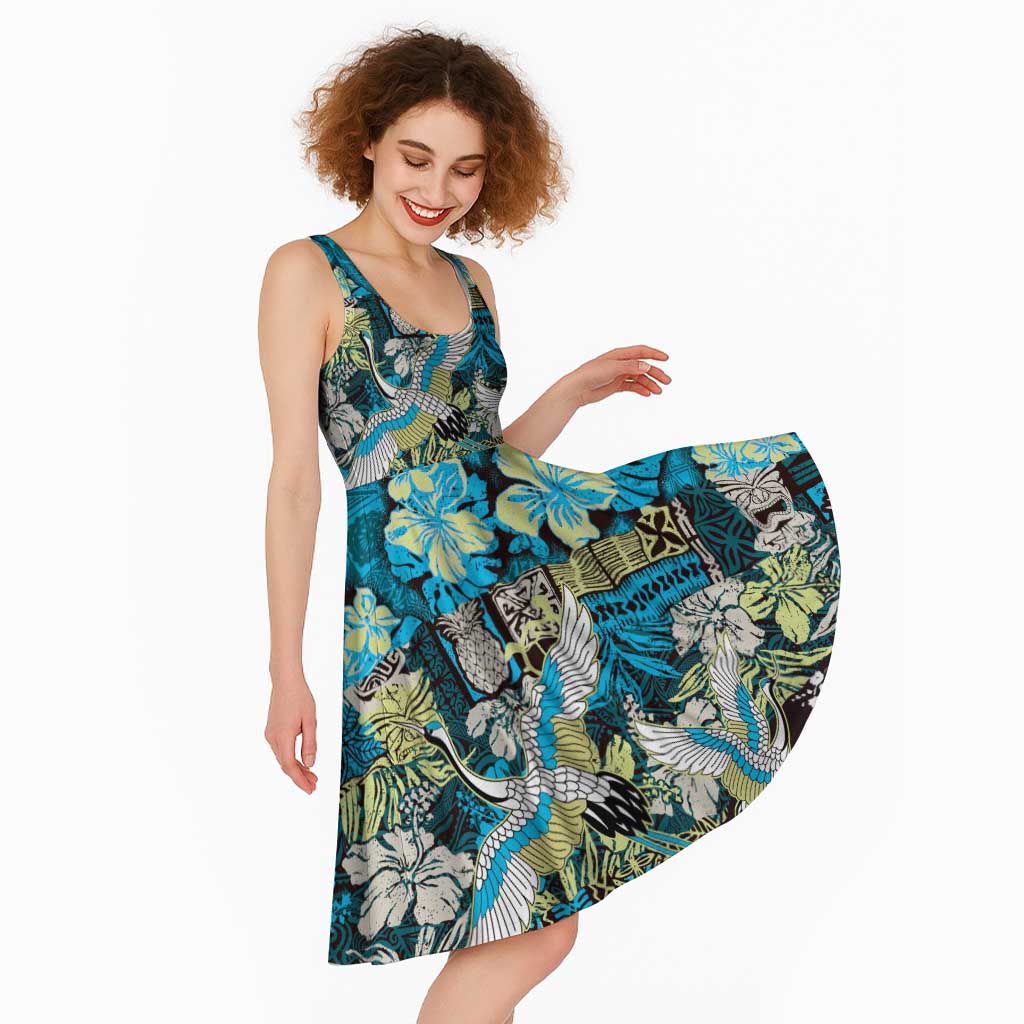 Japanese Hawaiian Crane Midi Dress Blue Tapa Patchwork Pattern