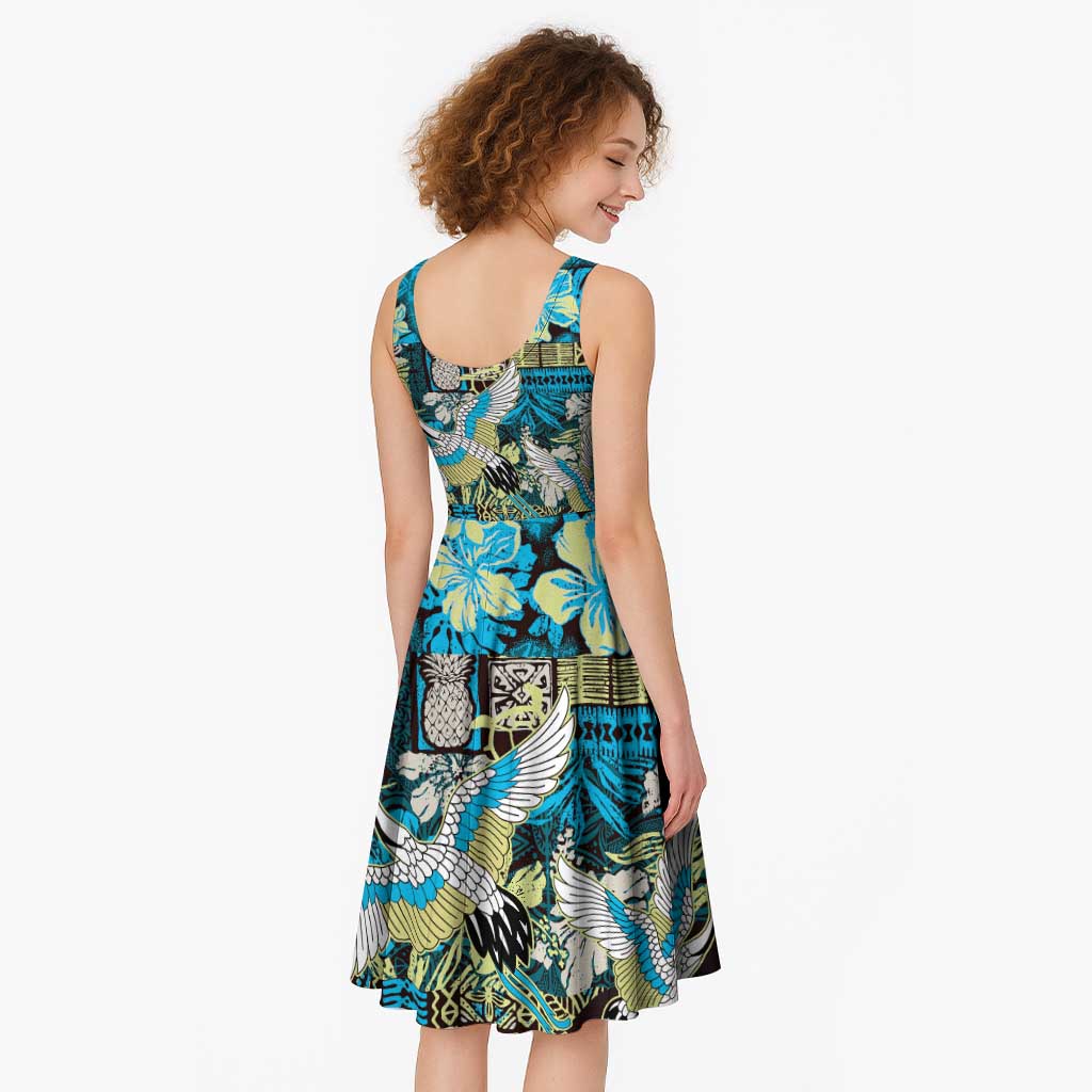 Japanese Hawaiian Crane Midi Dress Blue Tapa Patchwork Pattern