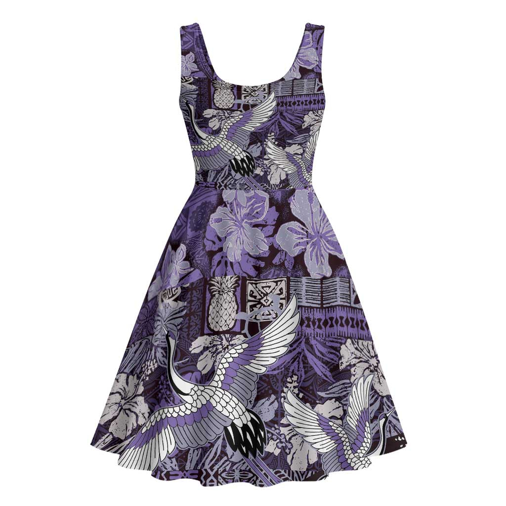 Japanese Hawaiian Crane Midi Dress Purple Tapa Patchwork Pattern LT9 - Polynesian Pride