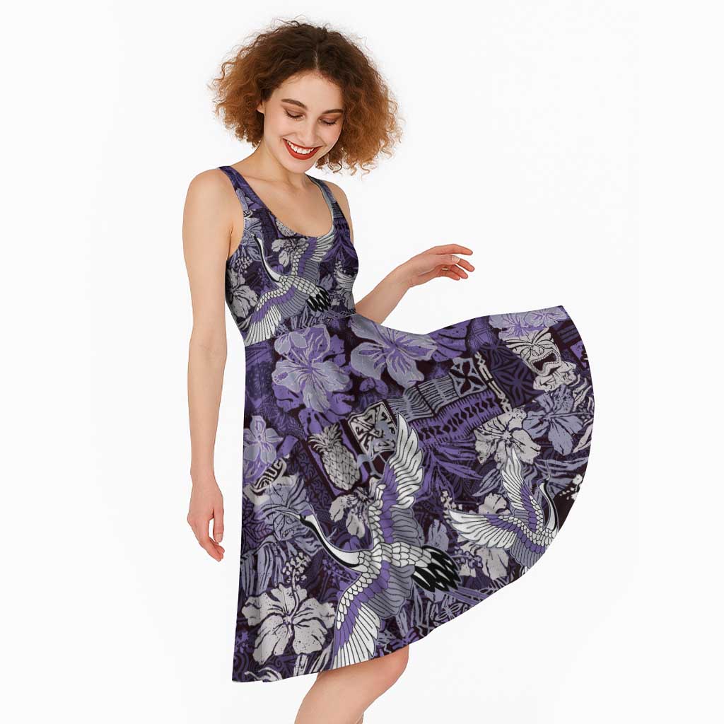 Japanese Hawaiian Crane Midi Dress Purple Tapa Patchwork Pattern LT9 - Polynesian Pride