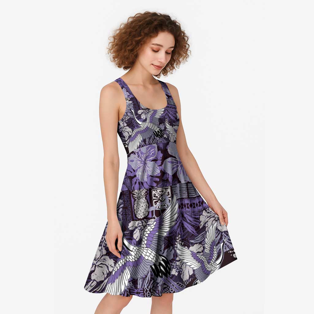 Japanese Hawaiian Crane Midi Dress Purple Tapa Patchwork Pattern LT9 - Polynesian Pride