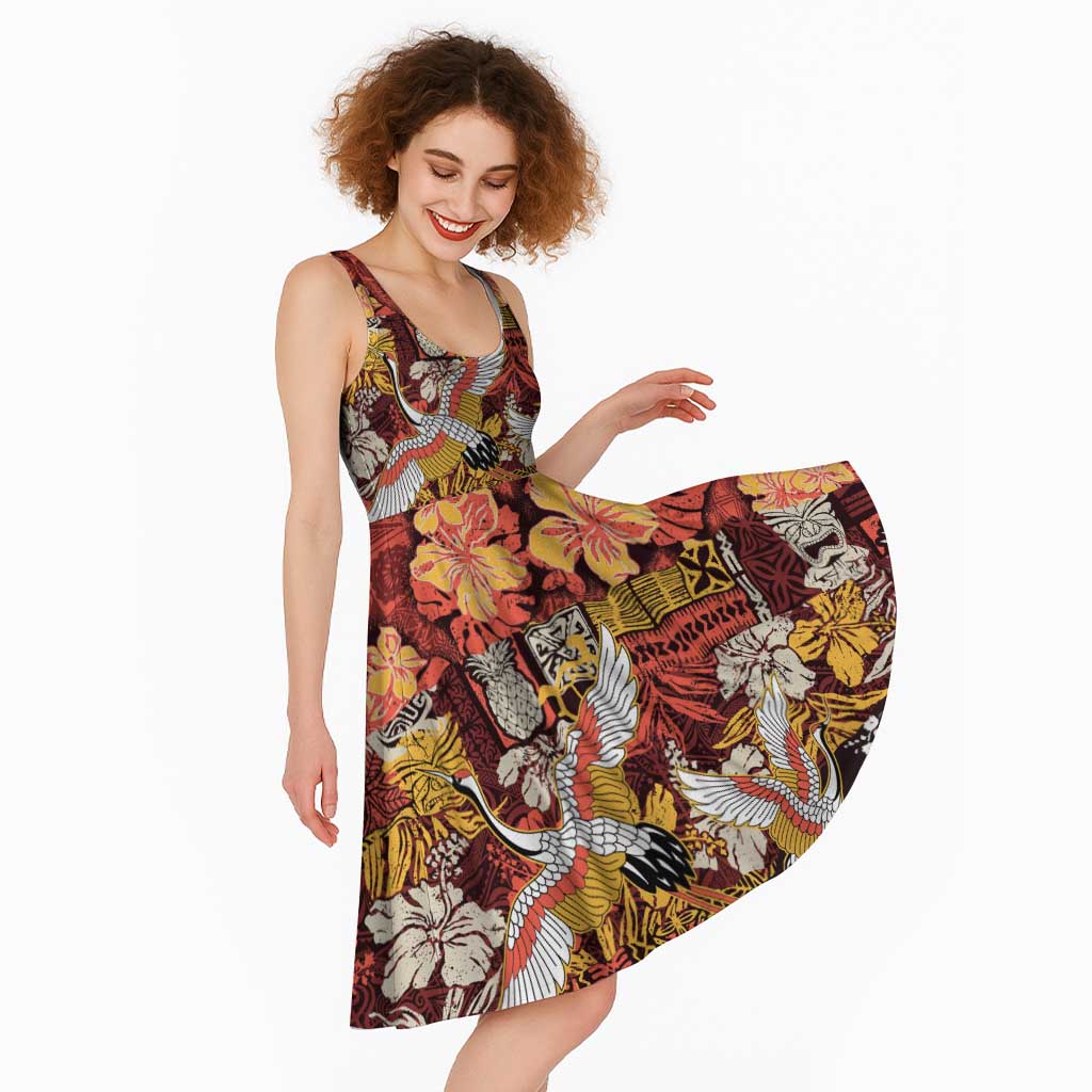 Japanese Hawaiian Crane Midi Dress Yellow Ochre Tapa Patchwork Pattern LT9 - Polynesian Pride