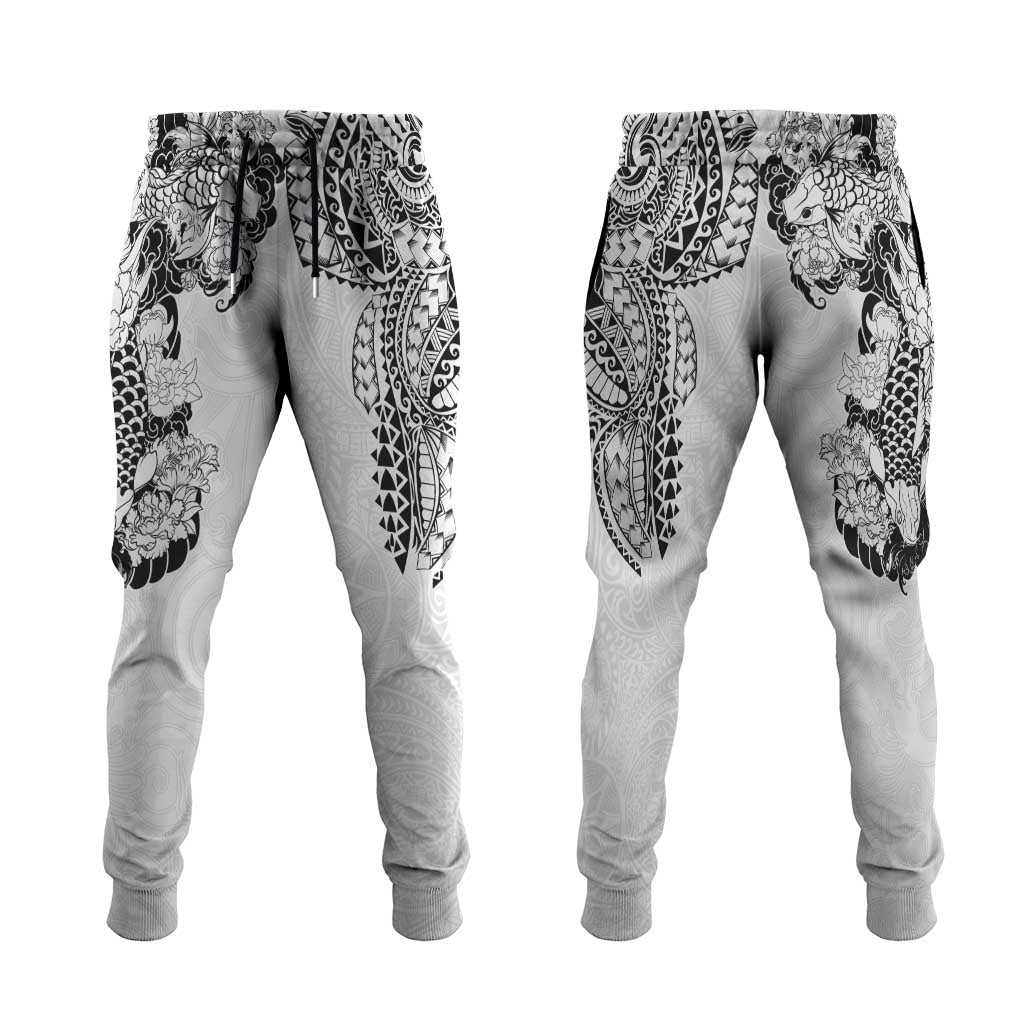 Japanese Irezumi and Hawaiian Polynesian Art Tattoo Jogger Pants White Color - Polynesian Pride