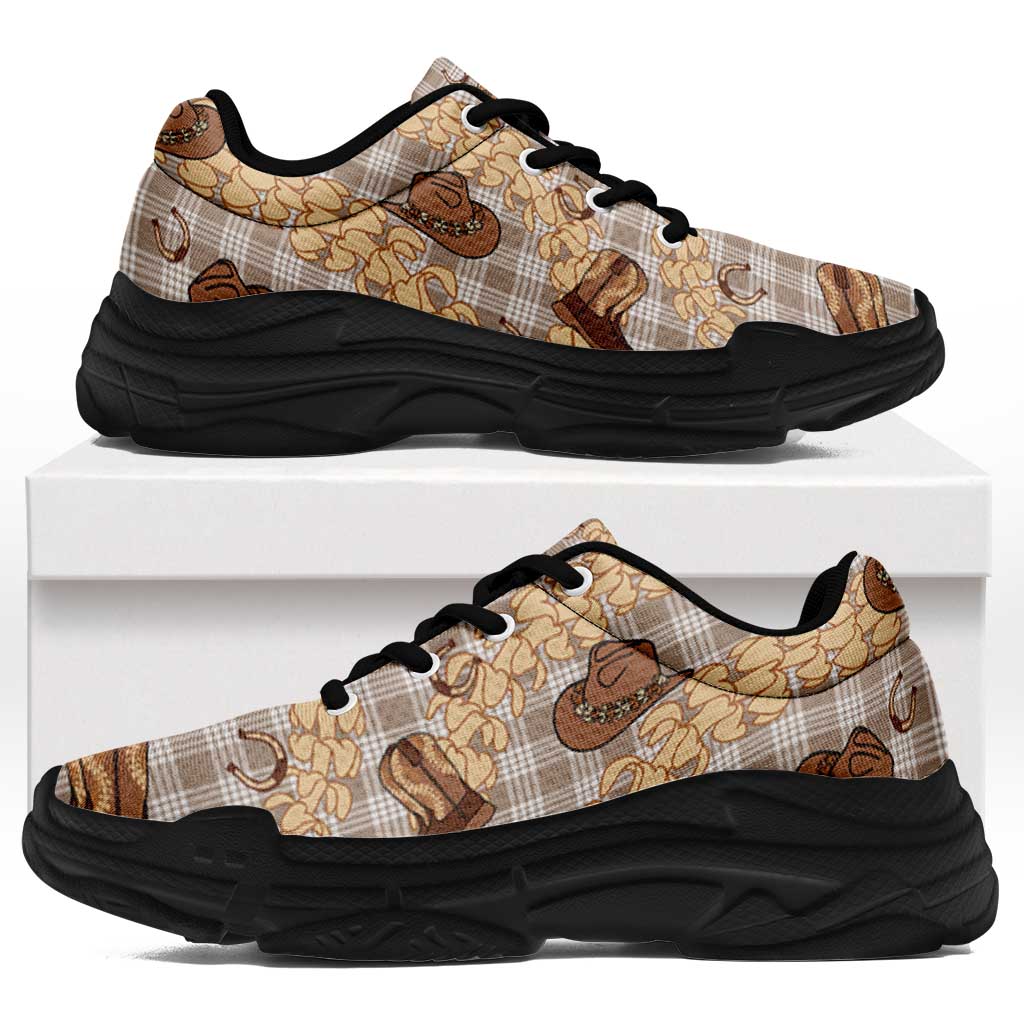 Khaki Palaka Hawaii Cowboy Chunky Sneakers Puakenikeni Lei Paniolo Papale Seamless Vibes - Polynesian Pride