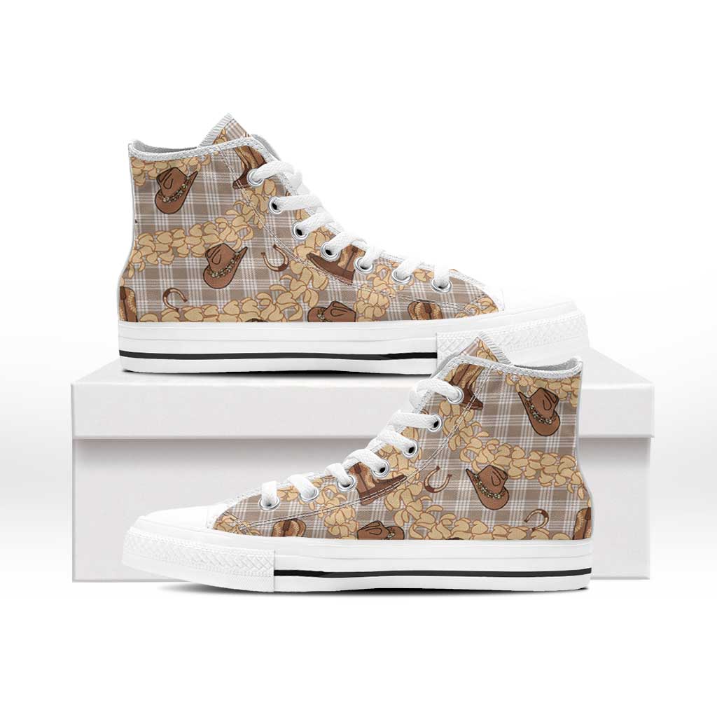 Khaki Palaka Hawaii Cowboy High Top Shoes Puakenikeni Lei Paniolo Papale Seamless Vibes - Polynesian Pride